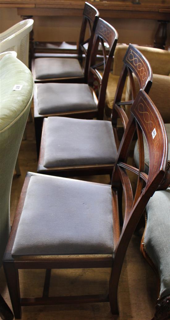 Set of 4 Regency style mahogany and brass inlaid dining chairs